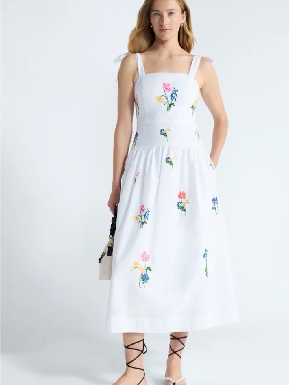 White Midi Dress Embroidered Floral Motif Tie Straps medium NWT FREE ASSEMBLY